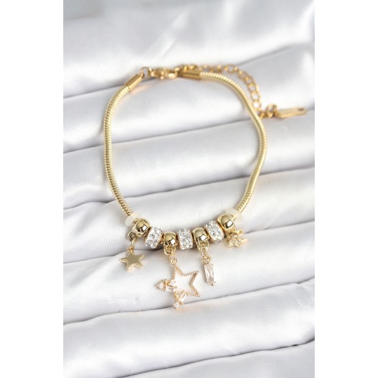 Pirinç Gold Renk Yıldız Charmlı Kadın Bileklik - TJ-BB7993