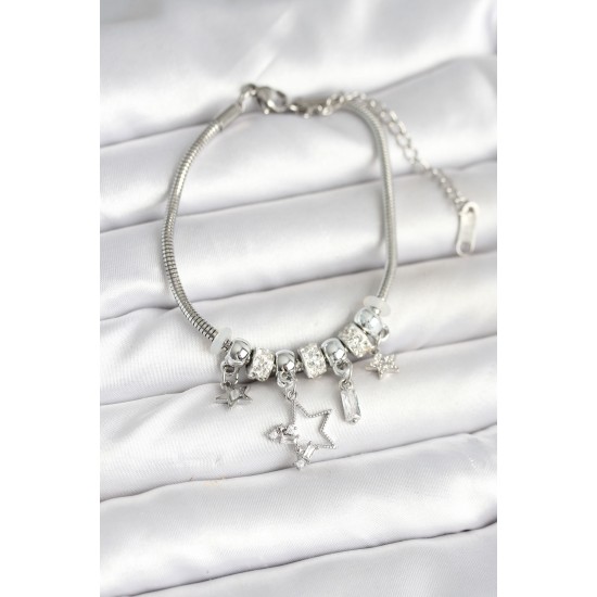 Pirinç Gümüş Renk Yıldız Charmlı Kadın Bileklik - TJ-BB7994