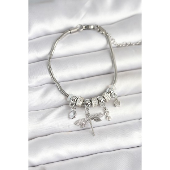 Pirinç Gümüş Renk Yusufçuk Charmlı Kadın Bileklik - TJ-BB7996