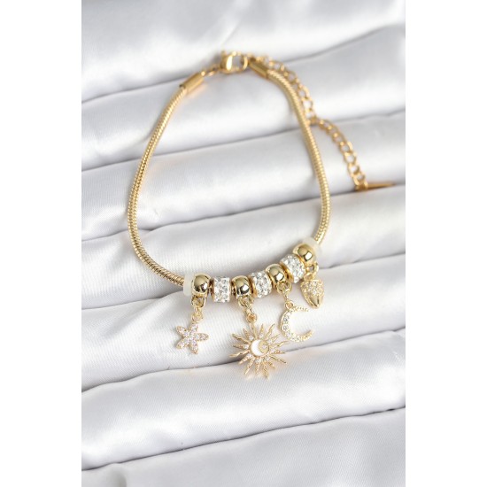Pirinç Gold Renk Ay ve Güneş Charmlı Kadın Bileklik - TJ-BB7997