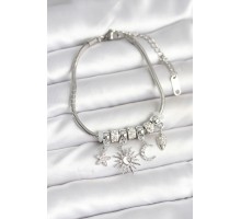 Pirinç Gümüş Renk Ay ve Güneş Charmlı Kadın Bileklik - TJ-BB7998