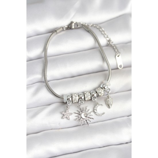 Pirinç Gümüş Renk Ay ve Güneş Charmlı Kadın Bileklik - TJ-BB7998