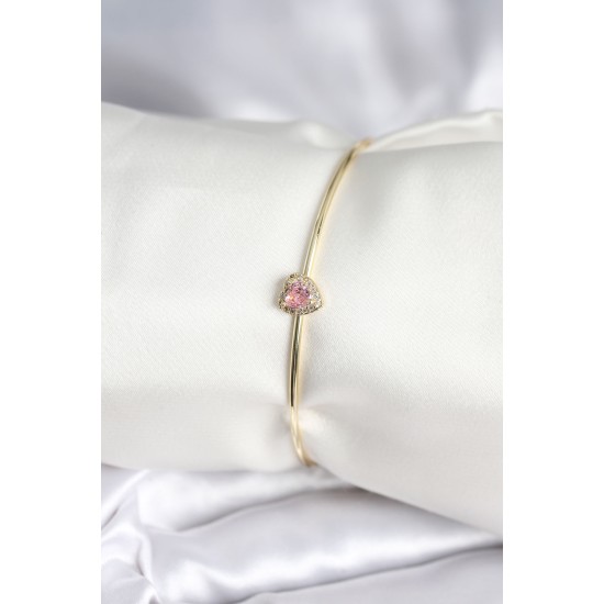 Pembe Zirkon Taşlı Kalp Model Gold Renk Kadın Bileklik - TJ-BB8001