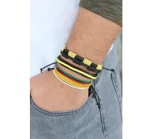 Sarı Renk Zımbalı Deri Erkek Bileklik Kombini - TJ-EB1342