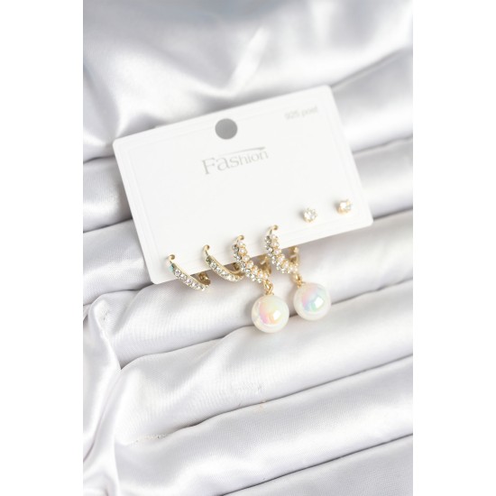 Pirinç Gold Renk İncili 925 Ayar Gümüş Çivi Kadın Küpe Seti - TJ-BKP11250