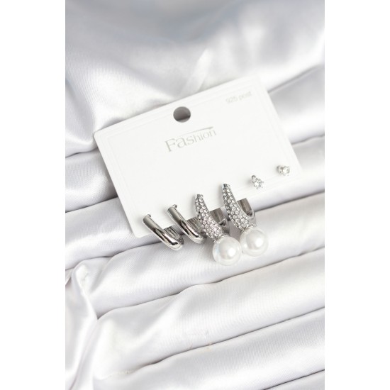 Pirinç Gümüş Renk İncili 925 Ayar Gümüş Çivi Kadın Küpe Seti - TJ-BKP11251