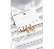 Pirinç Gold Renk Zirkon Taşlı İnci Detaylı 925 Ayar Gümüş Çivili Kadın Küpe Seti - TJ-BKP11252