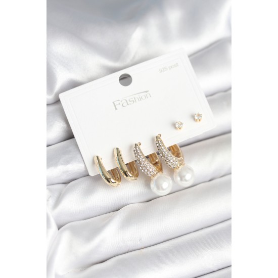 Pirinç Gold Renk Zirkon Taşlı İnci Detaylı 925 Ayar Gümüş Çivili Kadın Küpe Seti - TJ-BKP11252