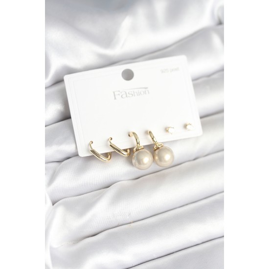 Pirinç Gold Renk İnci Detaylı 925 Gümüş Çivili Kadın Küpe Seti - TJ-BKP11253