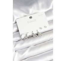 Pirinç Gümüş Renk Zirkon Taşlı 925 Gümüş Çivili Kadın Küpe Seti - TJ-BKP11254