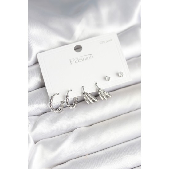 Pirinç Gümüş Renk Zirkon Taşlı 925 Gümüş Çivili Kadın Küpe Seti - TJ-BKP11254