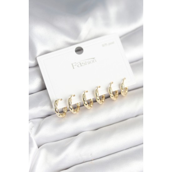 Pirinç Gold Renk Baklalı Halka 925 Gümüş Çivi Kadın Küpe Seti - TJ-BKP11255