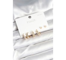 Pirinç Gold Renk Zirkon Taşlı 925 Gümüş Çivili Kadın Küpe Seti - TJ-BKP11257