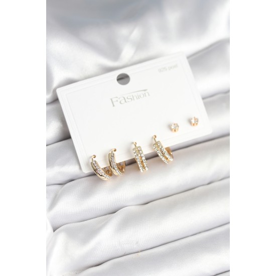 Pirinç Gold Renk Zirkon Taşlı 925 Gümüş Çivili Kadın Küpe Seti - TJ-BKP11257