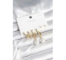 Pirinç Gold Renk İnci Detaylı 925 Ayar Gümüş Çivili Kadın Küpe Seti - TJ-BKP11259