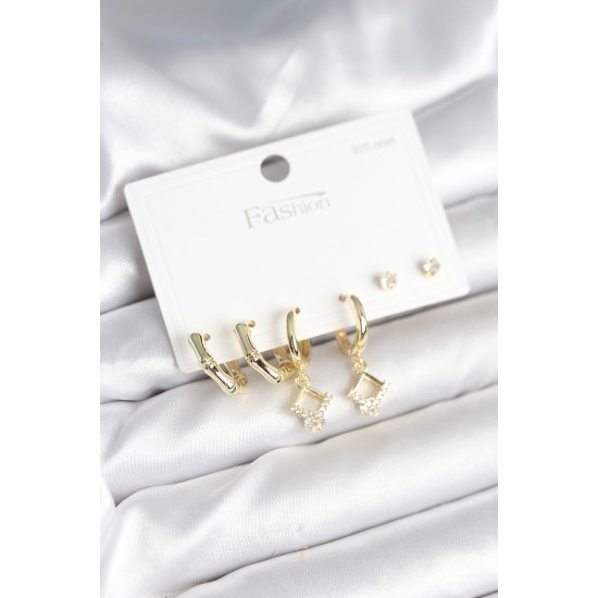 Pirinç Gold Renk 925 Ayar Gümüş Çivili Kadın Küpe Seti - TJ-BKP11260