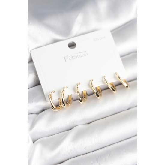 Gold Renk Pirinç Kare Halka Model 925 Ayar Gümüş Çivili Kadın Küpe Seti - TJ-BKP11266