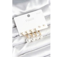 Gold Renk Zirkon Taşlı Pirinç İncili 925 Ayar Gümüş Çivili Küpe Seti - TJ-BKP11267