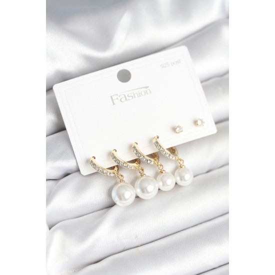 Gold Renk Zirkon Taşlı Pirinç İncili 925 Ayar Gümüş Çivili Küpe Seti - TJ-BKP11267