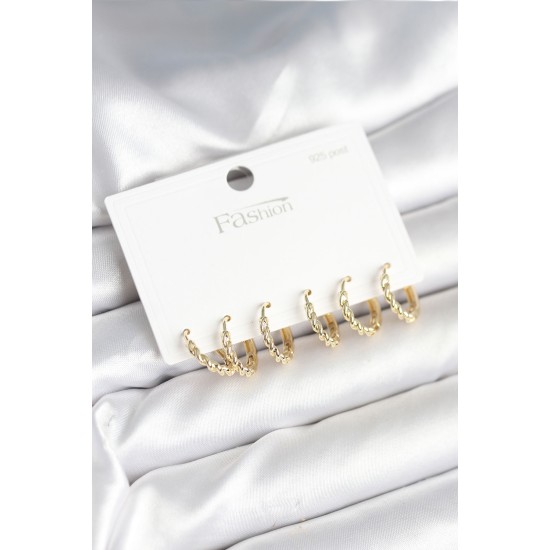 Gold Renk Burgu Halka Model 925 Ayar Gümüş Çivili Pirinç Küpe Seti - TJ-BKP11268