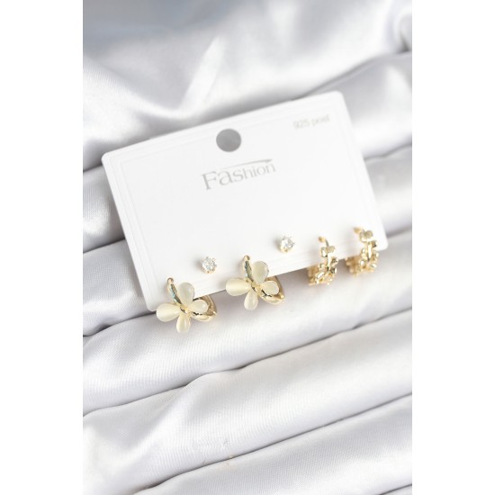 Kelebek Model Gold Renk Pirinç 925 Ayar Gümüş Çivili Kadın Küpe Seti - TJ-BKP11271