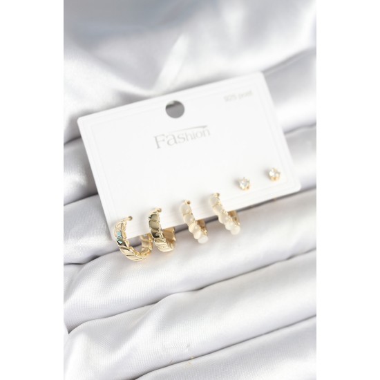 Gold Renk Pirinç Halka 925 Ayar Gümüş Çivili Kadın Küpe Seti - TJ-BKP11272