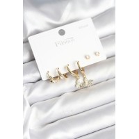 Gold Renk Pirinç Kelebek Model 925 Ayar Gümüş Çivili Kadın Küpe Seti TJ-BKP11273