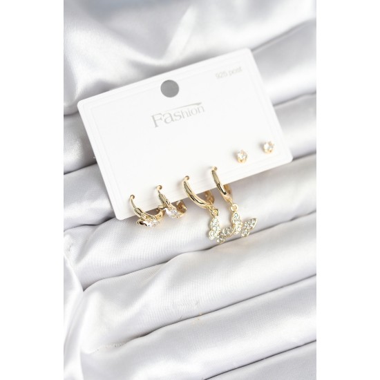 Gold Renk Pirinç Kelebek Model 925 Ayar Gümüş Çivili Kadın Küpe Seti - TJ-BKP11273