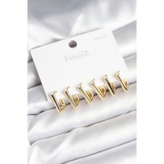 Gold Renk Kare Model Pirinç 925 Ayar Gümüş Çivili Kadın Küpe Seti - TJ-BKP11274