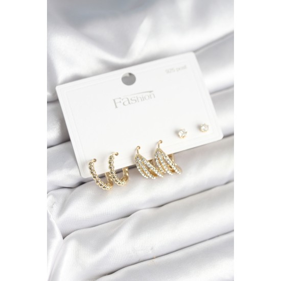 Gold Renk Pirinç 925 Ayar Gümüş Çivili Kadın Küpe Seti - TJ-BKP11276