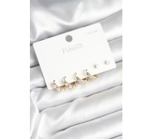 Pirinç Gold Renk Zirkon Taşlı ve İncili Model 925 Ayar Gümüş Çivi Kadın Küpe Seti - TJ-BKP11277