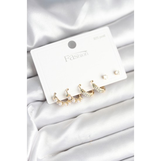 Pirinç Gold Renk Zirkon Taşlı ve İncili Model 925 Ayar Gümüş Çivi Kadın Küpe Seti - TJ-BKP11277