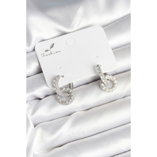 Gümüş Renk Pirinç Zirkon Taşlı Halka Model Kadın Küpe - TJ-BKP11279