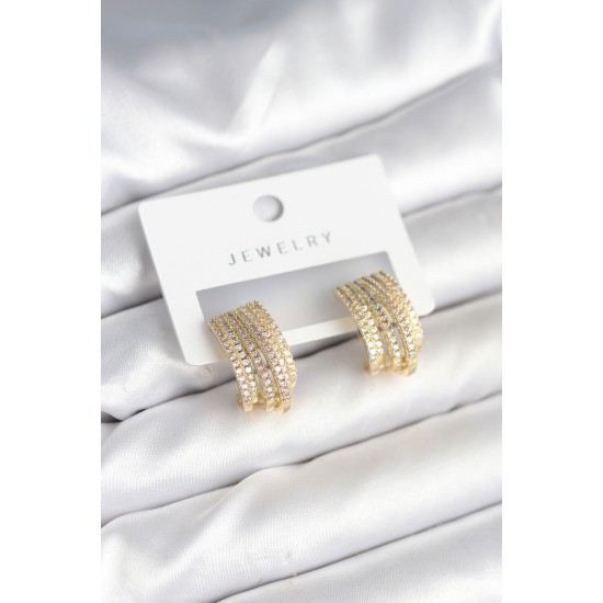 Zirkon Taşlı Şerit Model Gold Renk Pirinç Kadın Küpe - TJ-BKP11282