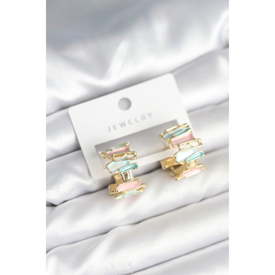 Mineli Karışık Renkli Gold Kadın Küpe - TJ-BKP11283