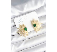 Yeşil Taş Detaylı Zirkon Taşlı Gold Renk Pirinç Kadın Küpe - TJ-BKP11286