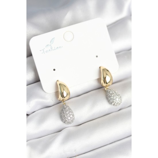 Gold Renk Zirkon Taşlı Damla Pirinç Kadın Küpe - TJ-BKP11288