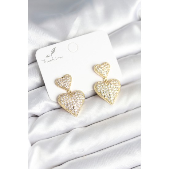 Kalp Model Zirkon Taşlı Gold Renk Pirinç Kadın Küpe - TJ-BKP11290