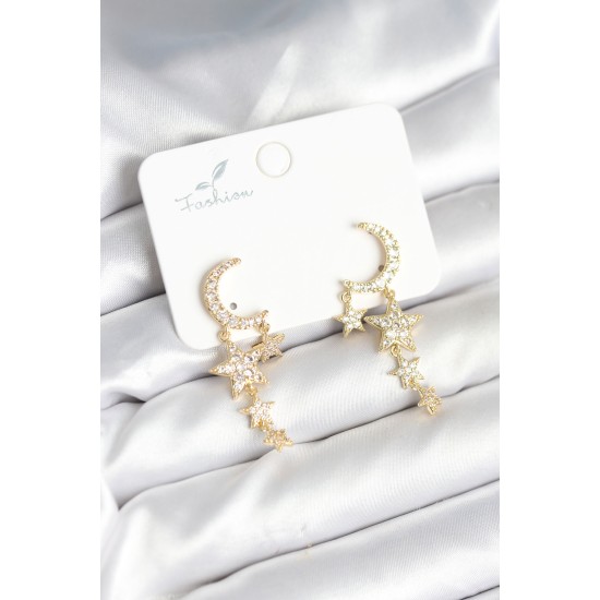 Ay ve Yıldız Model Gold Renk Pirinç Kadın Küpe - TJ-BKP11295