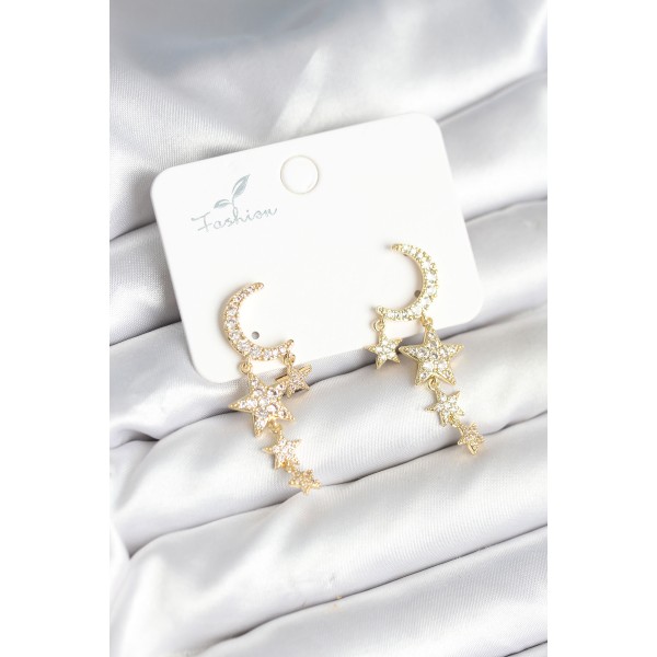 Ay ve Yıldız Model Gold Renk Pirinç Kadın Küpe - TJ-BKP11295