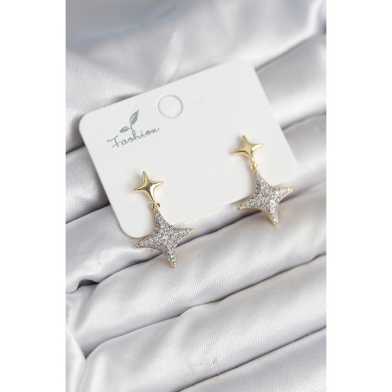 Kutup Yıldızı Pirinç Gold Renk Zirkon Taşlı Kadın Küpe - TJ-BKP11303