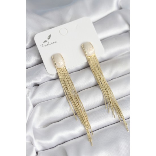 Sallantılı Beyaz Mineli Gold Renk Kadın Küpe - TJ-BKP11305