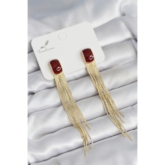 Sallantılı Bordo Mineli Gold Renk Kadın Küpe - TJ-BKP11306