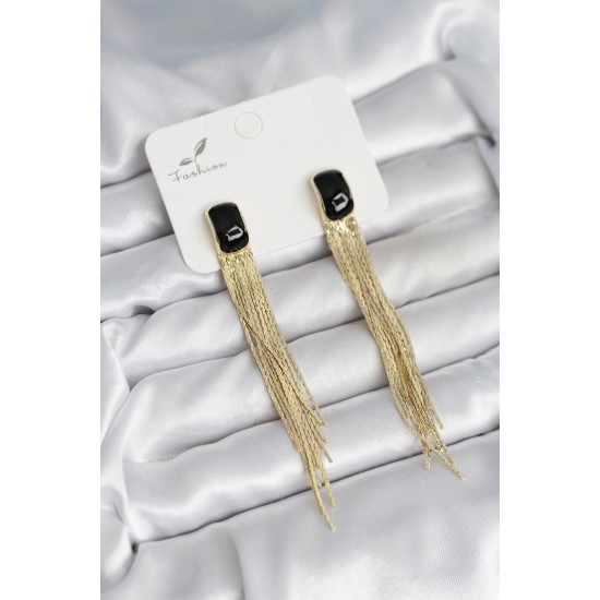 Sallantılı Siyah Mineli Gold Renk Kadın Küpe - TJ-BKP11308