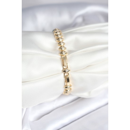 Pirinç Gold Renk Zirkon Taşlı Baklava Model Kadın Bileklik - TJ-BB8024