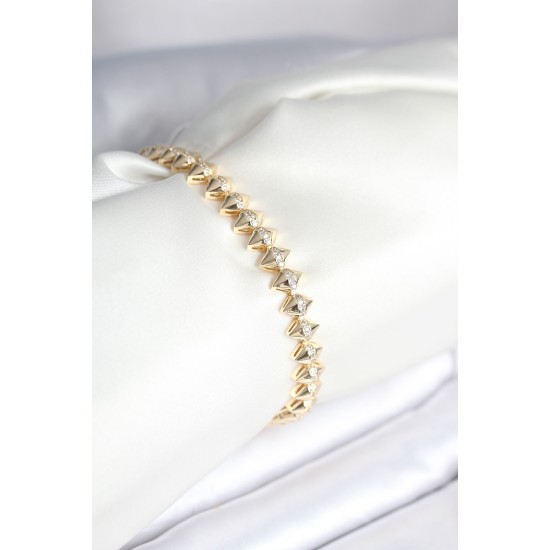 Pirinç Gold Renk Zirkon Taşlı Baklava Model Kadın Bileklik - TJ-BB8024