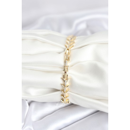 Pirinç Gold Renk Balık Sırtı Model Zirkon Taşlı Kadın Bileklik - TJ-BB8027