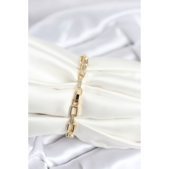 Pirinç Gold Renk Kare Zincir Model Zirkon Taşlı Kadın Bileklik - TJ-BB8030