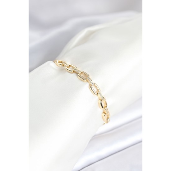 Pirinç Gold Renk Kare Zincir Model Zirkon Taşlı Kadın Bileklik - TJ-BB8030