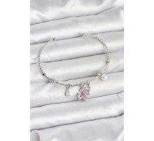 Pembe Kelebek Charmlı Gümüş Renk Kadın Bileklik - TJ-BB8032
